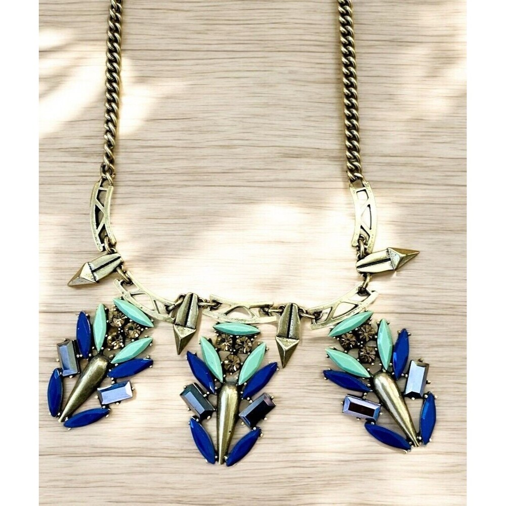 J. Crew Mixed Crystals Brulee Statement Necklace Gold Thick Chain Blue Green